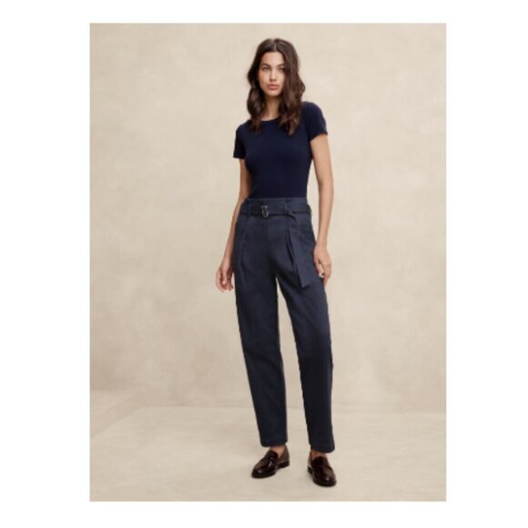 Banana Republic Ultra High Rise Pleated Twill Belted Tapered Pant Black Size 10 - Picture 2 of 7